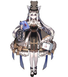 Rule 34 | 1girl, arch bishop (ragnarok online), black footwear, book, bow, box, breasts, bright pupils, brown bow, brown dress, cleavage cutout, closed mouth, clothing cutout, commentary request, cone hair bun, cross, dress, dress bow, expressionless, eyes visible through hair, frilled dress, frilled sleeves, frills, full body, hair between eyes, hair bun, holding, holding book, holding box, kusabi (aighe), long bangs, long hair, looking at viewer, official alternate costume, pastry box, pelvic curtain, pointy ears, purple eyes, ragnarok online, simple background, small breasts, solo, standing, thighhighs, two-tone dress, white background, white dress, white hair, white pupils, white thighhighs