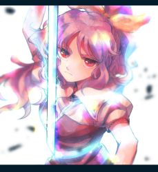 Rule 34 | 1girl, bow, dress, glowing, glowing sword, glowing weapon, hair bow, hair ribbon, holding, holding weapon, itomugi-kun, letterboxed, long hair, looking at viewer, overexposure, ponytail, puffy short sleeves, puffy sleeves, purple hair, red eyes, ribbon, serious, short sleeves, solo, sword, touhou, watatsuki no yorihime, weapon