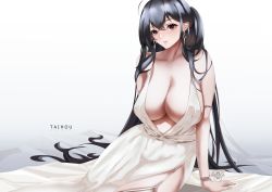 Rule 34 | 1girl, azur lane, backless dress, backless outfit, bare shoulders, black dress, breasts, center opening, character name, cocktail dress, dress, earrings, evening gown, garter straps, grey background, hair between eyes, harstfazn, highres, jewelry, large breasts, long hair, official alternate costume, plunging neckline, red eyes, sagging breasts, satin dress, see-through, see-through dress, simple background, sleeveless, sleeveless dress, solo, taihou (azur lane), taihou (temptation on the sea breeze) (azur lane), very long hair, wedding dress, white dress, white garter straps