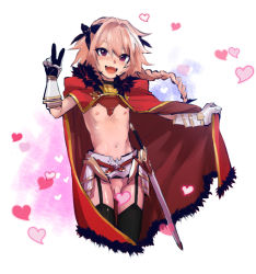 Rule 34 | 1boy, astolfo (fate), blush, cape, censored, convenient censoring, fate/apocrypha, fate/grand order, fate (series), flaccid, heart, heart censor, long hair, male focus, nipples, omecho, penis, pink hair, pointless censoring, solo, standing, transparent censoring, trap, v