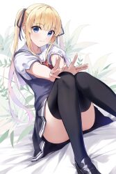 Rule 34 | 1girl, ahoge, ass, bed sheet, black thighhighs, blonde hair, blue eyes, blue ribbon, blue skirt, blue vest, closed mouth, convenient leg, floral background, hair ribbon, highres, knees together feet apart, loafers, long hair, looking at viewer, pleated skirt, ribbon, saenai heroine no sodatekata, sailor collar, sawamura spencer eriri, shoes, sitting, skirt, solo, thighhighs, thighs, twintails, vest, white sailor collar, yanagi marie