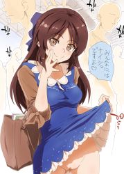 Rule 34 | 1girl, alternate breast size, bag, blush, breasts, brown eyes, brown hair, censored, clothes lift, cosplay, dress, dress lift, exhibitionism, faceless, faceless male, gluteal fold, groin, hair ribbon, highres, idolmaster, idolmaster cinderella girls, lifted by self, long hair, looking at viewer, medium breasts, no panties, aged up, public indecency, pussy, ribbon, smile, solo, solo focus, tachibana arisu, tachibana arisu (cosplay), translated, yaneko uta