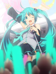 Rule 34 | 1girl, absurdres, aqua eyes, aqua hair, arm up, concert, detached sleeves, hatsune miku, highres, long hair, microphone, microphone stand, necktie, one eye closed, open mouth, outstretched arm, panties, pantyshot, skirt, solo, striped clothes, striped panties, thighhighs, twintails, underwear, upskirt, very long hair, vocaloid, yuzuki kei