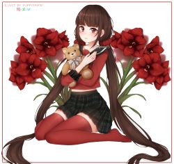 Rule 34 | 1girl, artist name, black hair, blunt bangs, blush, commentary, commission, danganronpa (series), danganronpa v3: killing harmony, flower, hair ornament, hairclip, harukawa maki, highres, holding, holding stuffed toy, instagram logo, jewelry, kneeling, long hair, looking at viewer, low twintails, midriff peek, mole, mole under eye, no shoes, hugging object, plaid, plaid skirt, pleated skirt, puppypaww, red eyes, red flower, red scrunchie, red shirt, red thighhighs, ring, school uniform, scrunchie, serafuku, shirt, simple background, sitting, skirt, solo, stuffed animal, stuffed toy, teddy bear, thighhighs, twintails, twitter logo, v-shaped eyebrows, very long hair, white background