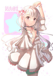 Rule 34 | 1girl, absurdres, arm up, black choker, black ribbon, blush, bow, braid, braided bangs, breasts, brown eyes, character name, choker, citrusmikan, collarbone, cowboy shot, dot nose, dress, flower, from side, green shorts, grey hair, hair bow, hair flower, hair ornament, hair ribbon, hand up, highres, hisakawa nagi, idolmaster, idolmaster cinderella girls, idolmaster cinderella girls starlight stage, long hair, looking at viewer, low twintails, nail polish, open mouth, pink bracelet, pink nails, ribbon, short sleeves, shorts, shorts under dress, small breasts, solo, sparkle, standing, star (symbol), star bracelet, twintails, two-tone background, v, very long hair, white dress, white flower, wide sleeves