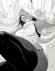 Rule 34 | &gt;:d, 10s, 1girl, animal ears, armpits, artist name, bare shoulders, boku no hero academia, breasts, clenched hand, dark-skinned female, dark skin, excited, facing viewer, floating hair, gloves, greyscale, grin, half-closed eyes, happy, highleg, highleg leotard, highres, jumping, koyorin, leotard, long hair, looking at viewer, medium breasts, mirko, monochrome, muscular, muscular female, parted lips, pointy ears, rabbit ears, rabbit girl, simple background, smile, solo, teeth, thighhighs, v-shaped eyebrows, very long hair, white background, white gloves, white hair