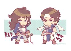 Rule 34 | 2boys, blue coat, blue eyes, brown footwear, brown hair, castlevania (series), chibi, chibi only, closed mouth, coat, dual persona, grey pants, hand on own hip, headband, holding, holding whip, kotorai, long hair, male focus, multiple boys, pants, parted lips, richter belmont, shirt, short hair, signature, translation request, v-shaped eyebrows, white headband, white pants, white shirt