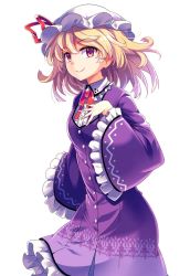 Rule 34 | 1girl, blonde hair, blush, breasts, brooch, closed mouth, cowboy shot, dress, e.o., embellished costume, frilled sleeves, frills, hand on own chest, hat, hat ribbon, jewelry, long sleeves, looking at viewer, looking to the side, maribel hearn, mob cap, neck ribbon, purple dress, purple eyes, red ribbon, ribbon, small breasts, smile, solo, touhou, white background, wide sleeves