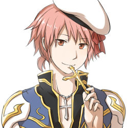 Rule 34 | 1boy, arch bishop (ragnarok online), black coat, closed mouth, coat, commentary request, cross, cross necklace, hat, holding, holding cross, jewelry, looking at viewer, male focus, natsuya (kuttuki), necklace, pink eyes, pink hair, ragnarok online, sailor hat, short hair, short ponytail, simple background, smile, solo, upper body, white background, white hat