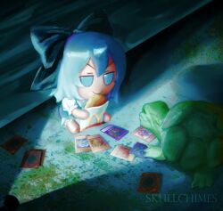 Rule 34 | 1girl, animal, artist name, blue dress, blue eyes, blue hair, bow, card, card game, cirno, closed mouth, commentary, commission, dark, dress, english commentary, flashlight, food, full body, fumo (doll), hair bow, hash browns, holding, holding food, indoors, looking at another, mcdonald&#039;s, moss, playing card, sewer, short hair, sitting, skullchimes, smile, solo, touhou, turtle, v-shaped eyebrows, water, watermark, yu-gi-oh!