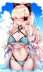 Rule 34 | 1girl, blonde hair, blue eyes, blush, breasts, elf, hemachi, highres, large breasts, looking at viewer, pointy ears, ponytail, princess connect!, saren (princess connect!), smile, swimsuit
