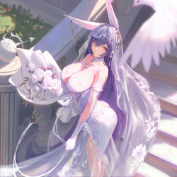 Rule 34 | 1girl, absurdly long hair, animal ears, armlet, ass, azur lane, backless outfit, bird, blue eyes, blurry, blurry foreground, bouquet, breasts, bridal veil, butt crack, choker, cleavage, crossed bangs, dress, earrings, fake animal ears, flower, gloves, hair between eyes, highres, holding, holding bouquet, jewelry, large breasts, long hair, looking at viewer, new jersey (azur lane), new jersey (snow-white ceremony) (azur lane), official alternate costume, outdoors, parted lips, purple hair, rabbit ears, rose, sansan (dongfangzhong111), smile, solo, stairs, standing, sunlight, veil, very long hair, wedding dress, white bird, white choker, white dress, white flower, white gloves, white rose