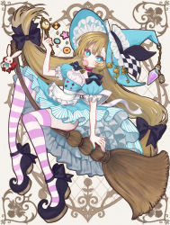 Rule 34 | 1girl, alice (alice in wonderland), alice in wonderland, bad id, bad pixiv id, blonde hair, blue eyes, bow, bright pupils, broom, broom riding, commentary, cookie, food, hair bow, hat, highres, long hair, mouth hold, original, pointy footwear, saigasai, solo, striped clothes, striped thighhighs, thighhighs, twintails, very long hair, wand, watermark, white pupils, witch, witch hat