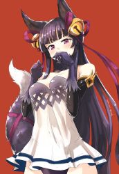 Rule 34 | 1girl, animal ears, bell, black hair, commentary request, covering own mouth, dated, elbow gloves, fox ears, fox tail, gloves, granblue fantasy, hair bell, hair ornament, hair ribbon, highres, jingle bell, long hair, looking at viewer, nosuku, purple eyes, red background, ribbon, see-through, simple background, solo, tail, tail ornament, tail ribbon, twitter username, yuel (granblue fantasy)
