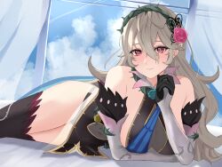 Rule 34 | 1girl, absurdres, bare shoulders, bed sheet, black panties, breasts, cape, corrin (female) (fire emblem), corrin (female) (resplendent) (fire emblem), corrin (fire emblem), dress, elbow gloves, fire emblem, fire emblem fates, fire emblem heroes, gloves, hair ornament, hairband, highres, long hair, looking at viewer, lying, medium breasts, nintendo, official alternate costume, on bed, on side, panties, panty straps, peli cantaro, pointy ears, red eyes, see-through, sleeveless, sleeveless dress, smile, solo, thighhighs, thighs, thorns, underwear, white hair