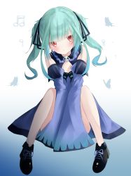 Rule 34 | 1girl, bad id, bad pixiv id, bare legs, bare shoulders, black footwear, black ribbon, blue background, blunt bangs, blush, bug, butterfly, cleavage cutout, clothing cutout, collar, commentary, detached collar, detached sleeves, dot mouth, dress, earrings, gradient background, green hair, hair ribbon, highres, hololive, insect, jewelry, looking at viewer, musical note, red eyes, ribbon, shoelaces, skull collar, sleeves past fingers, sleeves past wrists, solo, twintails, uruha rushia, uruha rushia (1st costume), virtual youtuber, white background, wide sleeves, yuzuno kaori
