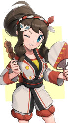 Rule 34 | 1girl, absurdres, blue eyes, breasts, brown hair, creatures (company), curly hair, game freak, gonzarez, high ponytail, highres, hilda (pokemon), hilda (summer 2022) (pokemon), japanese clothes, long hair, medium breasts, nintendo, official alternate costume, one eye closed, pokemon, pokemon masters ex, sidelocks, simple background, solo, white background