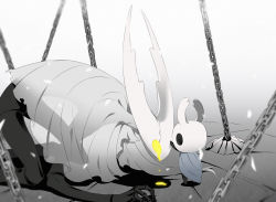 Rule 34 | 2others, all fours, arizuka (catacombe), chain, cloak, commentary, cracked mask, glowing, grey cloak, highres, hollow eyes, hollow knight, hollow knight (character), horns, knight (hollow knight), looking at another, multiple others, no humans, headpat, simple background