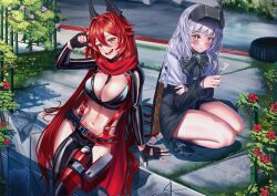Rule 34 | 2girls, :d, absurdres, blush, breasts, cleavage, closed mouth, commentary, goddess of victory: nikke, groin, hair between eyes, highres, large breasts, looking at viewer, manjo (warito), midriff, multiple girls, navel, open mouth, red hood (nikke), shadow, sidelocks, sitting, smile, snow white (innocent days) (nikke), snow white (nikke), squatting, symbol-only commentary, teeth