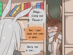 Rule 34 | 2girls, amiya (arknights), animal ear fluff, animal ears, arknights, bare shoulders, book, bookshelf, brown hair, comic, english text, eyebrows hidden by hair, grey scarf, grey shirt, guin guin, long hair, low ponytail, multiple girls, open mouth, ponytail, rabbit ears, savage (arknights), scarf, shirt, sleeveless, sleeveless shirt, teardrop, very long hair, white shirt