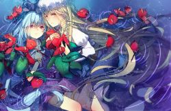 Rule 34 | 2girls, blonde hair, blue hair, bow, bracelet, female focus, hair bow, hand on own chest, hat, jewelry, leaf, long hair, looking at viewer, multiple girls, nicohi, partially submerged, plant, ponytail, puffy sleeves, red eyes, skirt, touhou, very long hair, watatsuki no toyohime, watatsuki no yorihime, water, yellow eyes