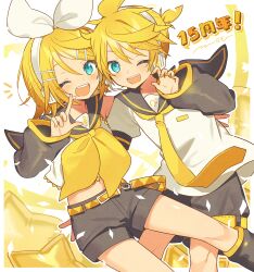 Rule 34 | 1boy, 1girl, ;d, absurdres, anniversary, aqua eyes, bare shoulders, bass clef, blonde hair, blush, bow, brother and sister, claw pose, detached sleeves, hair bow, hair ornament, hairclip, hand on another&#039;s back, headphones, headset, highres, index finger raised, kagamine len, kagamine rin, leg warmers, midriff, miwasiba, navel, necktie, one eye closed, open mouth, sailor collar, shirt, short hair, short ponytail, short sleeves, shorts, siblings, sleeveless, sleeveless shirt, smile, star (symbol), treble clef, twins, vocaloid, white bow, yellow background, yellow nails, yellow necktie, yellow theme