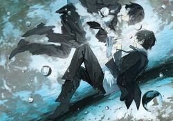 Rule 34 | 1boy, bad id, bad pixiv id, black hair, bubble, formal, gloves, grey eyes, male focus, original, outstretched arm, outstretched hand, popped collar, reaching, reflection, ripples, shoes, short hair, smile, solo, suit, tanjiu, underwater, white gloves