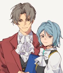 Rule 34 | 1boy, 1girl, ace attorney, ascot, black vest, blue eyes, blue hair, bow, bowtie, buttons, closed mouth, earrings, franziska von karma, grey eyes, grey hair, hair intakes, highres, holding, jacket, jewelry, kkkitsch41, lapels, looking at viewer, miles edgeworth, mole, mole under eye, parted bangs, red jacket, shirt, short hair, simple background, smile, suit jacket, upper body, vest, waistcoat, white ascot, white background, white bow, white bowtie, white shirt, wide sleeves