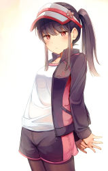 Rule 34 | 1girl, arms behind back, black hair, black jacket, black shorts, blush, breasts, brown pantyhose, closed mouth, commentary request, cowboy shot, hair between eyes, hat, highres, jacket, long hair, long sleeves, looking at viewer, mole, mole under eye, niichi (komorebi-palette), open clothes, open jacket, original, ousaka nanami, pantyhose, pantyhose under shorts, ponytail, red eyes, shirt, short shorts, shorts, sidelocks, simple background, sleeves past wrists, small breasts, solo, visor cap, white background, white hat, white shirt