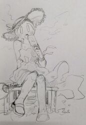Rule 34 | 1other, arakawa chinpokotarou, cloud, content nofound, dress, fan, food, hat, highres, licking, marikinonline, outdoors, popsicle, shoes, sitting, sketch, sleeveless, solo, sun hat, sweat, tongue, tongue out, traditional media, wind