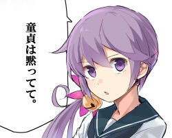Rule 34 | 10s, 1girl, akebono (kancolle), bell, flower, hair bell, hair flower, hair ornament, kantai collection, looking at viewer, max melon, purple eyes, purple hair, school uniform, serafuku, side ponytail, simple background, solo, upper body, white background