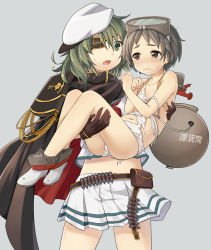 Rule 34 | 10s, 2girls, bad id, bad pixiv id, blush, brown eyes, cape, carrying, crying, crying with eyes open, diving mask, diving mask on head, eyepatch, goggles, goggles on head, green eyes, green hair, grey hair, hat, japanese flag, kantai collection, kiso (kancolle), maru-yu (kancolle), midriff, multiple girls, navel, one-piece swimsuit, open mouth, personification, princess carry, school swimsuit, school uniform, serafuku, short hair, skirt, swimsuit, taranboman, tears, torn clothes, torn swimsuit, white one-piece swimsuit, white school swimsuit