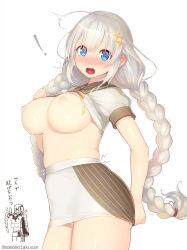 Rule 34 | !, 1girl, ahoge, blue eyes, blush, braid, breasts, chibi, chibi inset, commentary request, hair ornament, highres, kashiwamochi yomogi, kizuna akari, long hair, looking at viewer, nipples, no bra, open mouth, panties, pantyshot, short sleeves, silver hair, simple background, skirt, standing, twin braids, twintails, undersized clothes, underwear, very long hair, voiceroid, white background, white panties