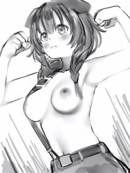 Rule 34 | 1girl, :t, animal ears, bad id, bad pixiv id, belt, blush, braid, breasts, closed mouth, cowboy shot, dog ears, flexing, greyscale, hair over shoulder, hands up, highres, hololive, inugami korone, medium breasts, monochrome, nanashi (nlo), nipples, pants, solo, suspenders, topless, twin braids, virtual youtuber