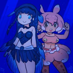 Rule 34 | 2girls, air bubble, belt, blue eyes, blue hair, blunt bangs, blush stickers, bracer, braid, breasts, bubble, c:, chibi, closed mouth, coelacanth (kemono friends), crop top, cropped shirt, dated, fins, freediving, green eyes, hair between eyes, head fins, highres, inada roku, japanese pancake devilfish (kemono friends), kemono friends, long hair, long sleeves, medium breasts, medium hair, microskirt, midriff, multicolored hair, multiple girls, navel, open mouth, pantyhose, pink hair, side-by-side, skirt, smile, stomach, strapless, submerged, tentacle hair, twin braids, twitter username, two-tone hair, underwater, very long hair, water