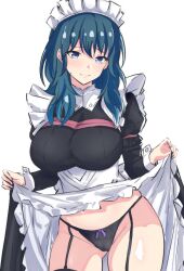 Rule 34 | 1girl, absurdres, apron, black panties, blue eyes, blue hair, blush, breasts, byleth (female) (fire emblem), byleth (fire emblem), clothes lift, fire emblem, fire emblem: three houses, frilled apron, frills, garter straps, gloves, gluteal fold, hair between eyes, half gloves, headband, highres, large breasts, latte, lifting own clothes, long hair, looking at viewer, maid, maid apron, maid headdress, medium hair, nintendo, panties, puffy sleeves, shiny skin, skirt, skirt lift, solo, sweatdrop, thong, underwear, white apron