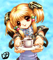 Rule 34 | 1girl, banpresto, blonde hair, brown eyes, coffee, cup, hisahiko, irui guneden, quad tails, red eyes, short twintails, solo, super robot wars, twintails