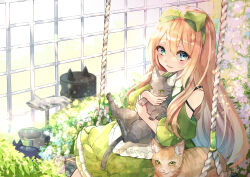 Rule 34 | 1girl, absurdres, animal, apron, blonde hair, blue eyes, blush, bow, cat, dress, flower, frilled apron, frilled dress, frills, hair bow, hairband, highres, holding, holding animal, holding cat, kusunokimizuha, long hair, off-shoulder dress, off shoulder, original, parted lips, plant, rope, sitting, smile, solo, sunlight, swing, very long hair, waist apron, window