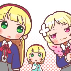 3girls :3 bad_id bad_twitter_id blonde_hair blue_jacket blunt_bangs blush braid chibi closed_mouth collared_shirt commentary_request dress flower garubegaru gradient_hair green_eyes grey_dress hair_flower hair_ornament hairband hand_up heanna_sumire heanna_sumire&#039;s_sister highres inactive_account jacket long_hair long_sleeves looking_at_another love_live! love_live!_superstar!! multicolored_hair multiple_girls neck_ribbon onitsuka_natsumi open_mouth pink_eyes pink_hair red_hairband ribbon school_uniform shirt short_hair siblings sisters smile standing twin_braids white_shirt yuigaoka_school_uniform