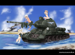 Rule 34 | 3girls, abubu, arm up, beach, bow, bow panties, breasts, camouflage, capri pants, caterpillar tracks, clothes lift, cloud, day, grey hair, gun, hat, high ponytail, leg lift, letterboxed, long hair, military, military vehicle, motor vehicle, multiple girls, navel, on vehicle, one eye closed, original, outdoors, panties, pants, ponytail, public indecency, rifle, scope, shirt lift, short hair, sky, small breasts, smoke, standing, standing on one leg, straddling, striped clothes, striped panties, t-34, tan, tank, topfreedom, topless, underwear, undressing, vehicle, wading, water, weapon, white hair, white panties