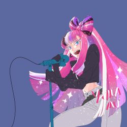 Rule 34 | 1girl, ;d, ahnjh0310, belt, black hair, blue background, blue eyes, bow, bow-shaped hair, character name, cookie run, cowboy shot, crop top, glint, gloves, hair bow, highres, holding, holding microphone, humanization, long hair, long sleeves, microphone, microphone stand, multicolored hair, music, one eye closed, open mouth, pink hair, shining glitter cookie, singing, smile, solo, sparkle, sparkle background, two-tone hair, very long hair, zipper
