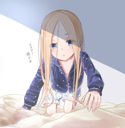 Rule 34 | 1girl, :o, abigail williams (fate), all fours, alternate costume, bed sheet, blonde hair, bloomers, blue eyes, blue shirt, blush, collarbone, commentary request, fate/grand order, fate (series), fingernails, flat chest, forehead, hair between eyes, head tilt, heart, heart print, highres, long hair, long sleeves, looking at viewer, on bed, pajamas, parted bangs, parted lips, partially unbuttoned, sakazakinchan, shade, shirt, solo, translated, underwear, very long hair, white background, white bloomers