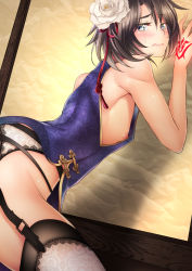 Rule 34 | 1boy, against wall, alternate costume, areola slip, armpits, bare arms, bare shoulders, bent over, black hair, black thighhighs, blue eyes, blush, breasts, china dress, chinese clothes, closed mouth, command spell, crossdressing, dress, embarrassed, fate/grand order, fate (series), flower, from behind, fujimaru ritsuka (male), garter belt, garter straps, hair flower, hair ornament, hatori mia, highres, lace, lace-trimmed legwear, lace trim, looking at viewer, looking back, male focus, no bra, panties, puffy chest, short hair, side slit, sideboob, sleeveless, solo, sweatdrop, thighhighs, trap, underwear