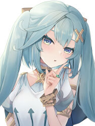 Rule 34 | 1girl, absurdres, aqua hair, bare shoulders, blush, bracelet, breasts, clothing cutout, commentary request, cowlick, dress, faruzan (genshin impact), genshin impact, green eyes, hair ornament, highres, jewelry, long hair, looking at viewer, neck ring, open mouth, ring, short sleeves, shoulder cutout, simple background, small breasts, solo, symbol-shaped pupils, triangle-shaped pupils, tsurime, twintails, ura (hamburg oniku), white background, white dress, wristlet, x hair ornament