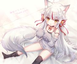 Rule 34 | 1girl, :&lt;, ahoge, animal ear fluff, animal ears, artist name, bare shoulders, bed sheet, bell, black camisole, black choker, black thighhighs, blush, brown eyes, camisole, character name, choker, commentary request, fox ears, fox girl, fox tail, grey shirt, hair bell, hair ornament, hair ribbon, highres, jingle bell, kamiko kana, kamiko kana channel, long hair, long sleeves, looking at viewer, multicolored hair, neck bell, no shoes, off shoulder, parted bangs, red hair, red ribbon, ribbon, rucaco, shirt, signature, silver hair, sitting, sleeves past fingers, sleeves past wrists, solo, strap slip, streaked hair, tail, thank you, thighhighs, thighhighs pull, translation request, triangle mouth, very long hair, virtual youtuber