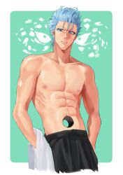 Rule 34 | 1boy, abs, amorphe113, annoyed, artist name, black pants, bleach, blue eyes, blue hair, border, collarbone, commentary, cowboy shot, facial mark, green background, grimmjow jaegerjaquez, highres, hole, hole in stomach, looking at viewer, male focus, muscular, muscular male, nipples, nose, pants, parted lips, pectorals, simple background, solo, spiked hair, symbol-only commentary, topless male, tsurime, v-shaped eyebrows, white border