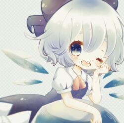 Rule 34 | 1girl, blue bow, blue dress, blue eyes, blue hair, bow, chibi, cirno, detached wings, dress, fairy, fairy wings, frozen, hair bow, hand on own face, highres, ice, ice wings, mike (mikeneko), one eye closed, open mouth, smile, teeth, touhou, upper teeth only, wings