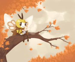 Rule 34 | absurdres, autumn leaves, creatures (company), cup, drawfag, drink, falling leaves, game freak, gen 7 pokemon, highres, in tree, leaf, looking at viewer, mug, nintendo, non-web source, outdoors, pokemon, pokemon (creature), pokemon sm, radl, ribombee, sitting, smile, tree