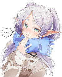Rule 34 | ..., 1girl, blue scarf, blush, bow, brown coat, closed mouth, coat, commentary, eitopondo, elf, finger to mouth, frieren, green eyes, hand up, long hair, long sleeves, looking at viewer, nose blush, parted bangs, pointy ears, puffy long sleeves, puffy sleeves, scarf, scarf bow, simple background, smile, solo, sousou no frieren, spoken ellipsis, teardrop earrings, thick eyebrows, twintails, white background, white hair