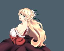 Rule 34 | 1girl, back, bare shoulders, blonde hair, claire bennett, dress, flower, green eyes, grey background, long hair, open mouth, ribbon, tales of (series), tales of rebirth